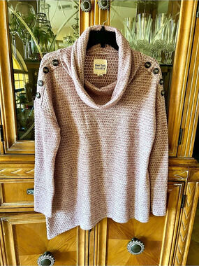 New York Laundry Textured Cowl Neck Sweater with Shoulder Buttons Pink Medium
